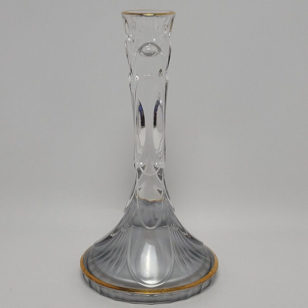 SC Genuine Lead Crystal Gold Trimmed Iridescent Single Candle Holder Gray Clear